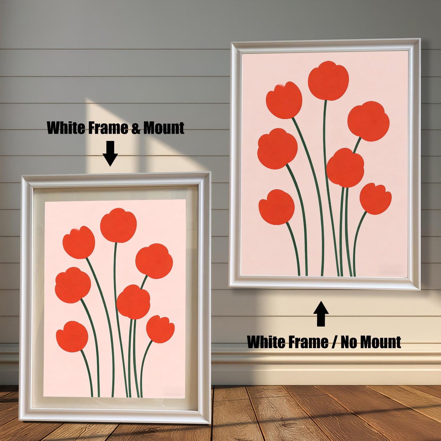 Two framed prints of the red flower art. The left shows a White Frame & Mount (matting), and the right shows a White Frame / No Mount.