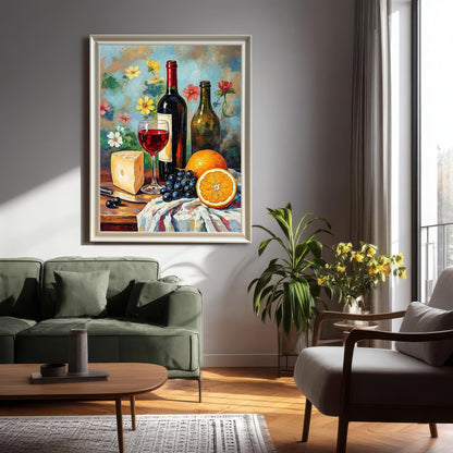 A vibrant oil painting of a wine still life, featuring a bottle of red wine, a glass of red wine, cheese, grapes, and a sliced orange, hanging in a modern living room with a gray wall and green couch. Shows the framed print in a silver frame.