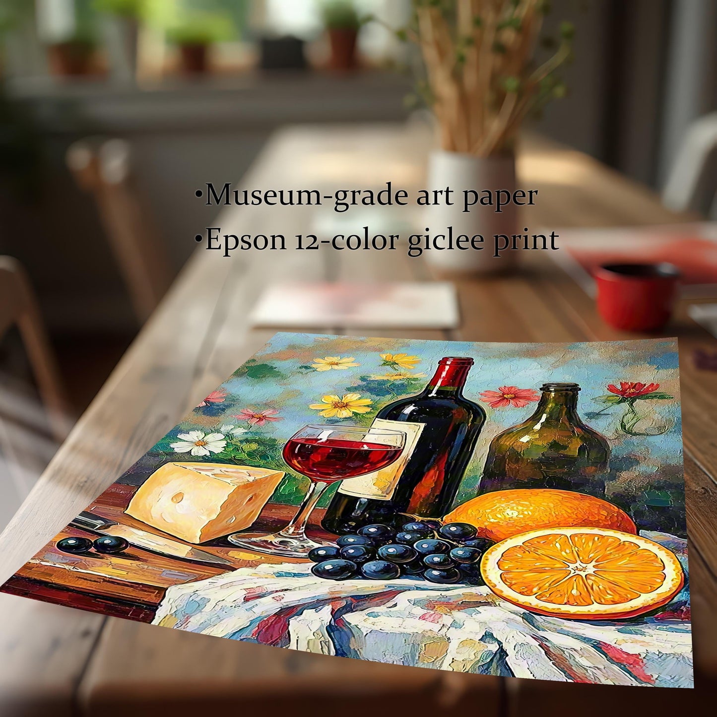 Close-up shot of the unframed print lying on a wooden table, emphasizing the print quality. Text on the image highlights: Museum-grade art paper and Epson 12-color giclee print.
