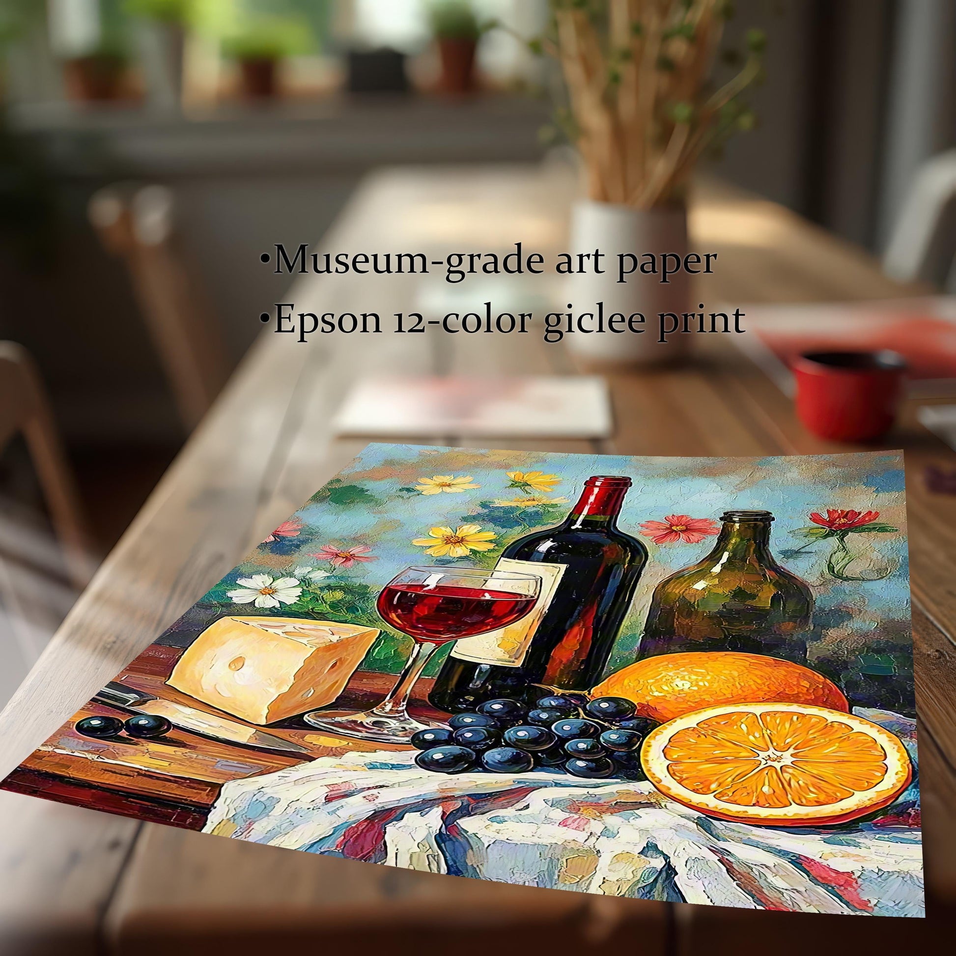 Close-up shot of the unframed print lying on a wooden table, emphasizing the print quality. Text on the image highlights: Museum-grade art paper and Epson 12-color giclee print.