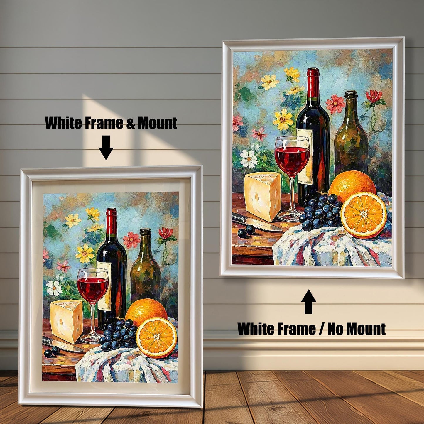 Comparison image showing the art print framed in a White Frame / No Mount (right) and a White Frame & Mount (left). The print features a still life with wine, cheese, grapes, and oranges against a floral background.