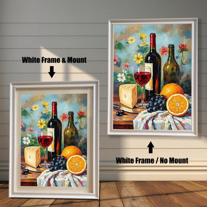 Comparison image showing the art print framed in a White Frame / No Mount (right) and a White Frame & Mount (left). The print features a still life with wine, cheese, grapes, and oranges against a floral background.
