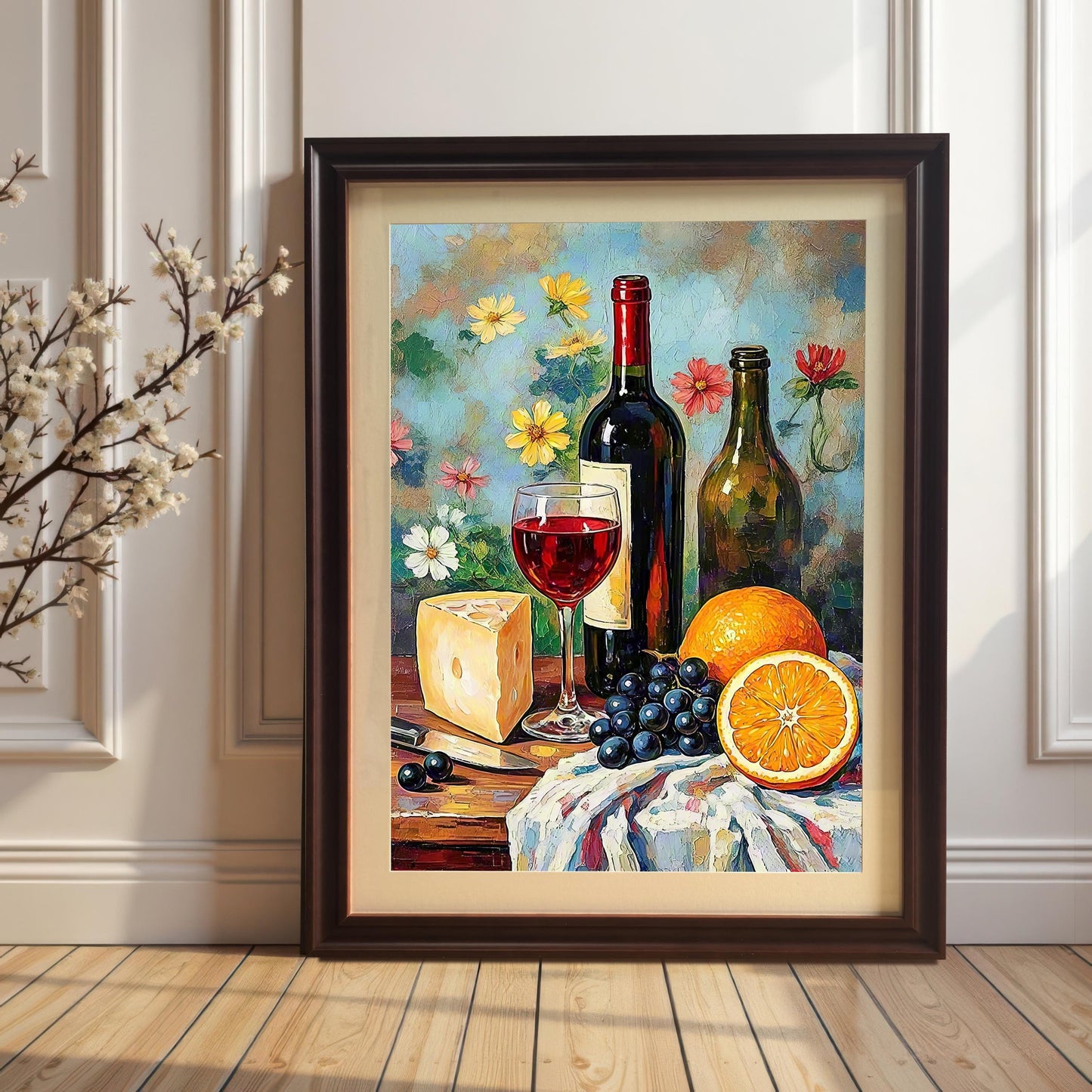 The vibrant oil painting of a wine still life with cheese, grapes, and oranges, framed in a dark brown/coffee wood frame with a mount. The framed print is leaning on a wooden floor against a white wainscoting wall, next to a branch of white blossoms.