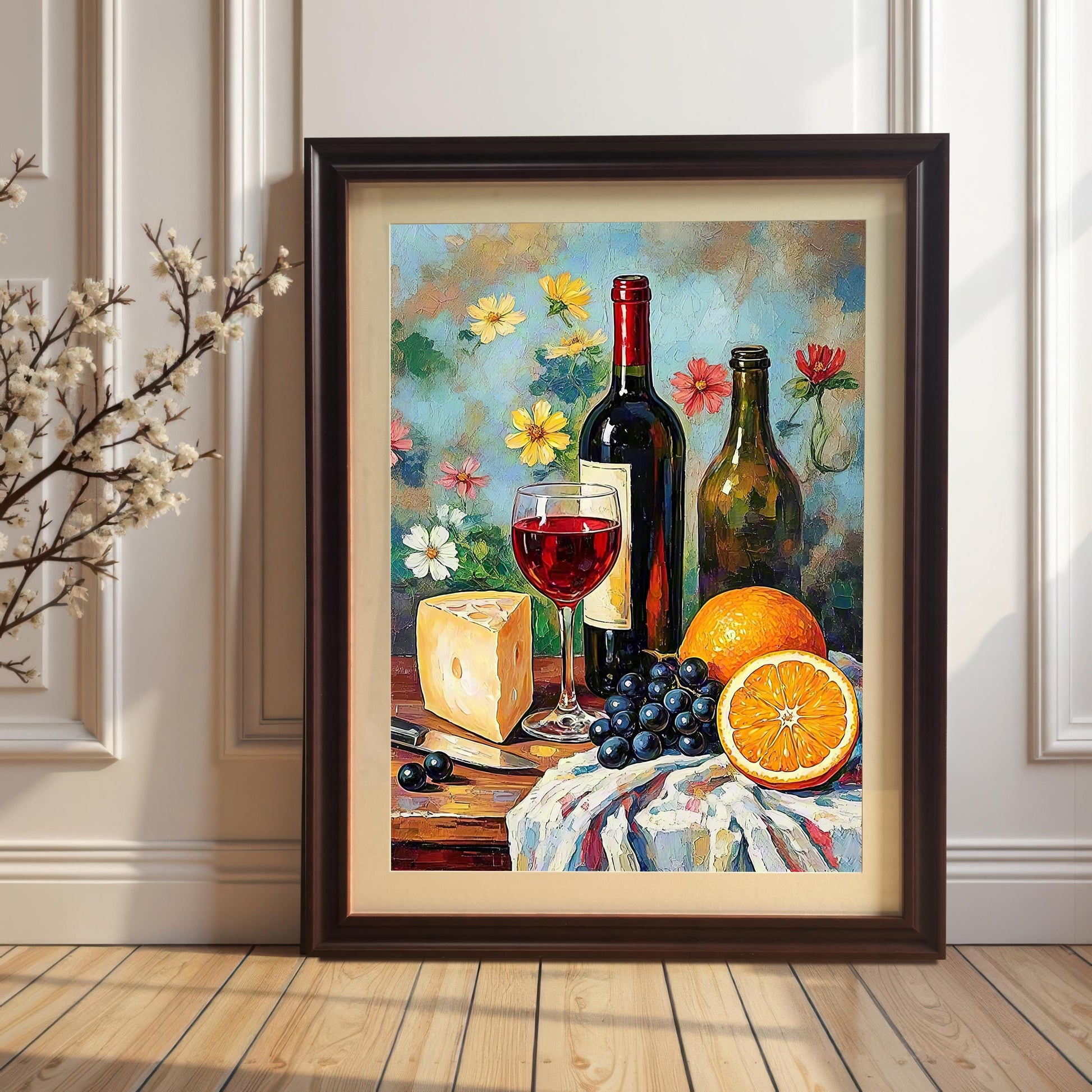 The vibrant oil painting of a wine still life with cheese, grapes, and oranges, framed in a dark brown/coffee wood frame with a mount. The framed print is leaning on a wooden floor against a white wainscoting wall, next to a branch of white blossoms.