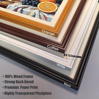 Stacked corner samples showing the four available wood frame colors with labels: Orange, Coffee, White, and Black. Key product features are listed: 100% Wood Frame, Strong Back Board, Premium Paper Print, Highly Transparent Plexiglass. Frame width is noted as 0.9"" (2.2cm).