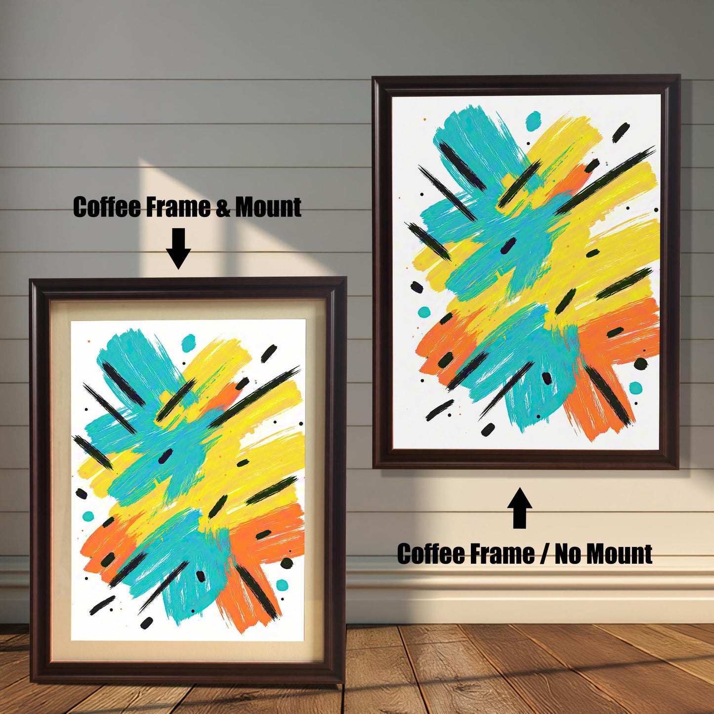 Comparison image showing the abstract art print framed in a Coffee Frame & Mount (left) and a Coffee Frame / No Mount (right), against a white wood-paneled wall.