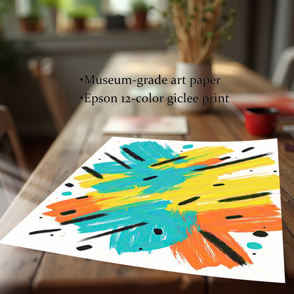 Close-up of the unframed abstract print lying on a wooden table, emphasizing the print quality. Text on the image highlights: Museum-grade art paper and Epson 12-color giclee print.