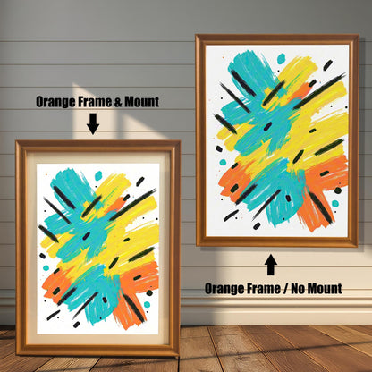 Comparison image showing the abstract art print framed in an Orange Frame & Mount (left) and an Orange Frame / No Mount (right), against a white wood-paneled wall.