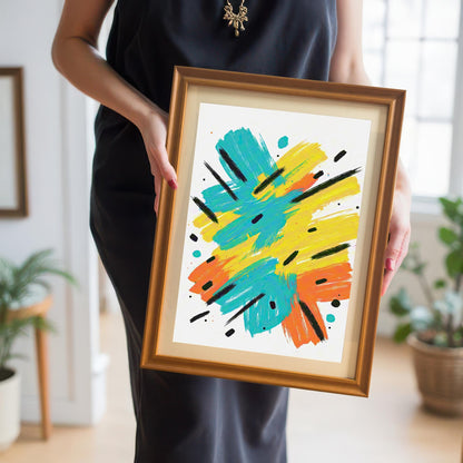 Close-up of a person holding the abstract art print in a gold/orange wood frame with a mount. The person is wearing a black dress.