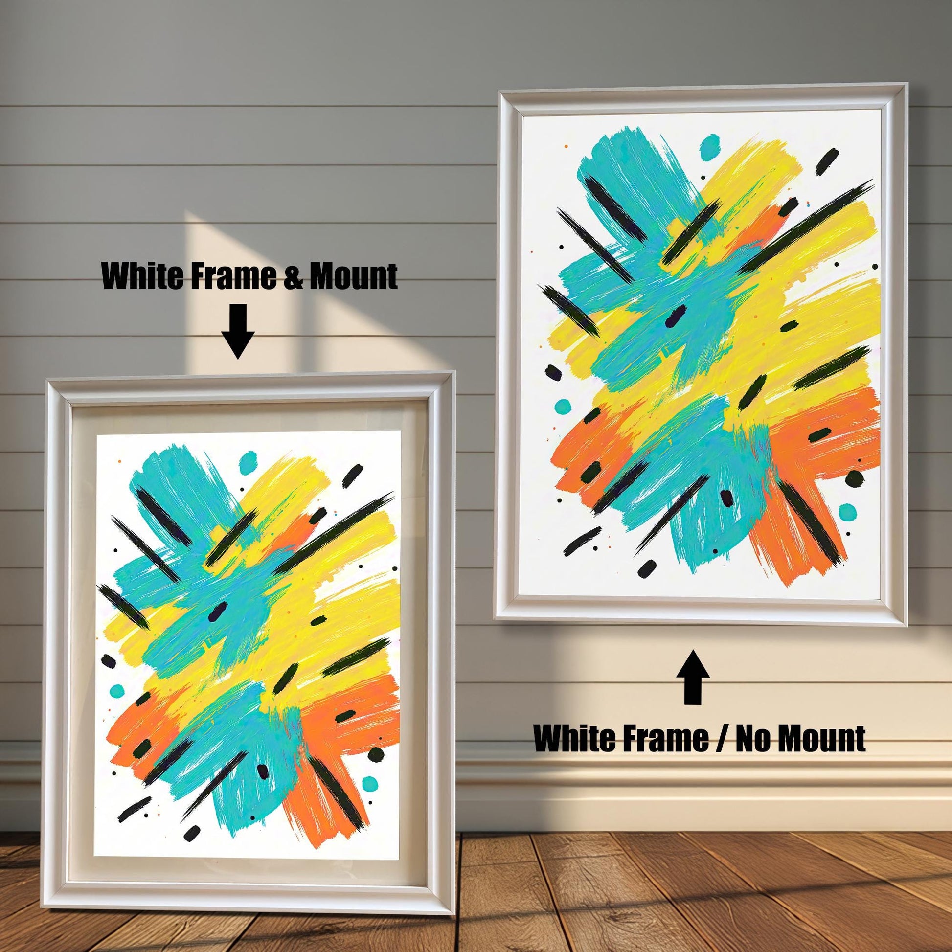 Comparison image showing the abstract art print framed in a White Frame & Mount (left) and a White Frame / No Mount (right), against a white wood-paneled wall.