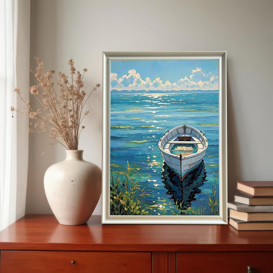 Framed art print of a white rowboat floating on bright blue water, displayed on a wooden dresser next to a white vase and a stack of books.