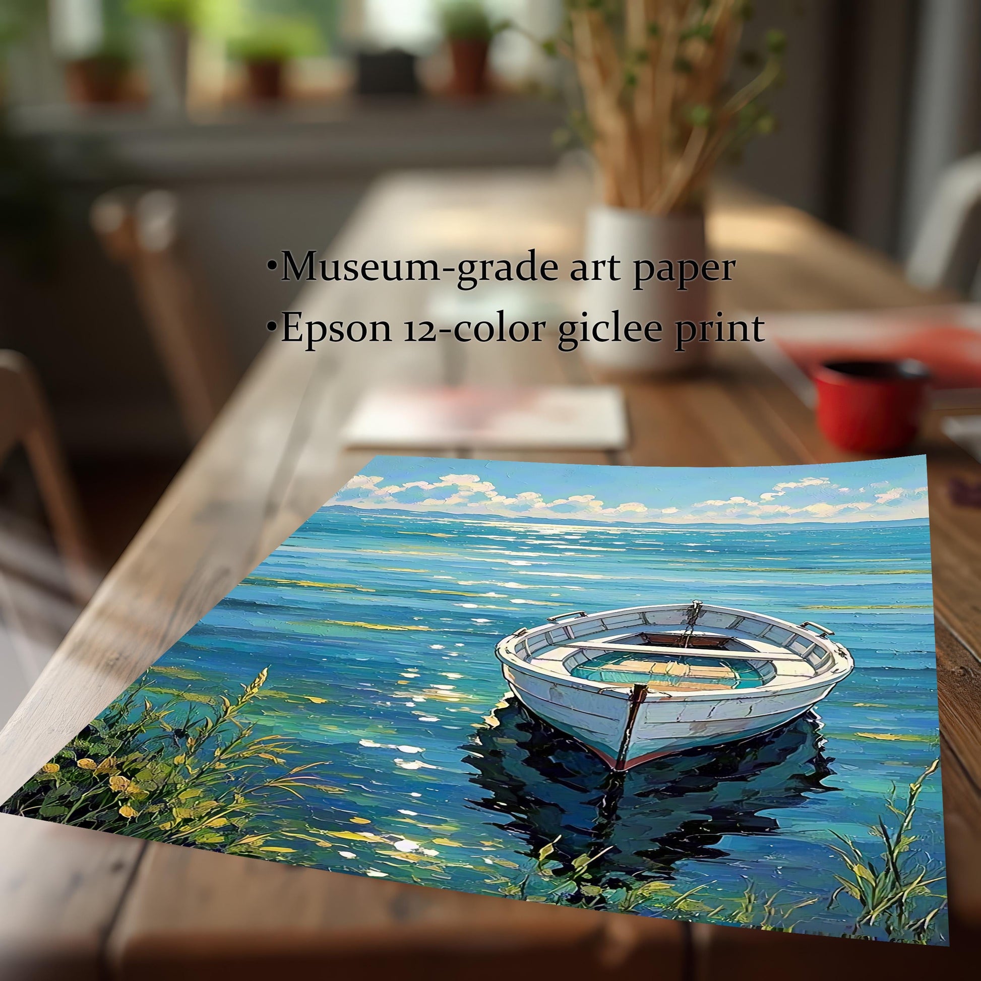 Close-up of the boat art print on a wooden table, emphasizing the print quality. Text on image highlights: ""Museum-grade art paper"" and ""Epson 12-color giclee print"