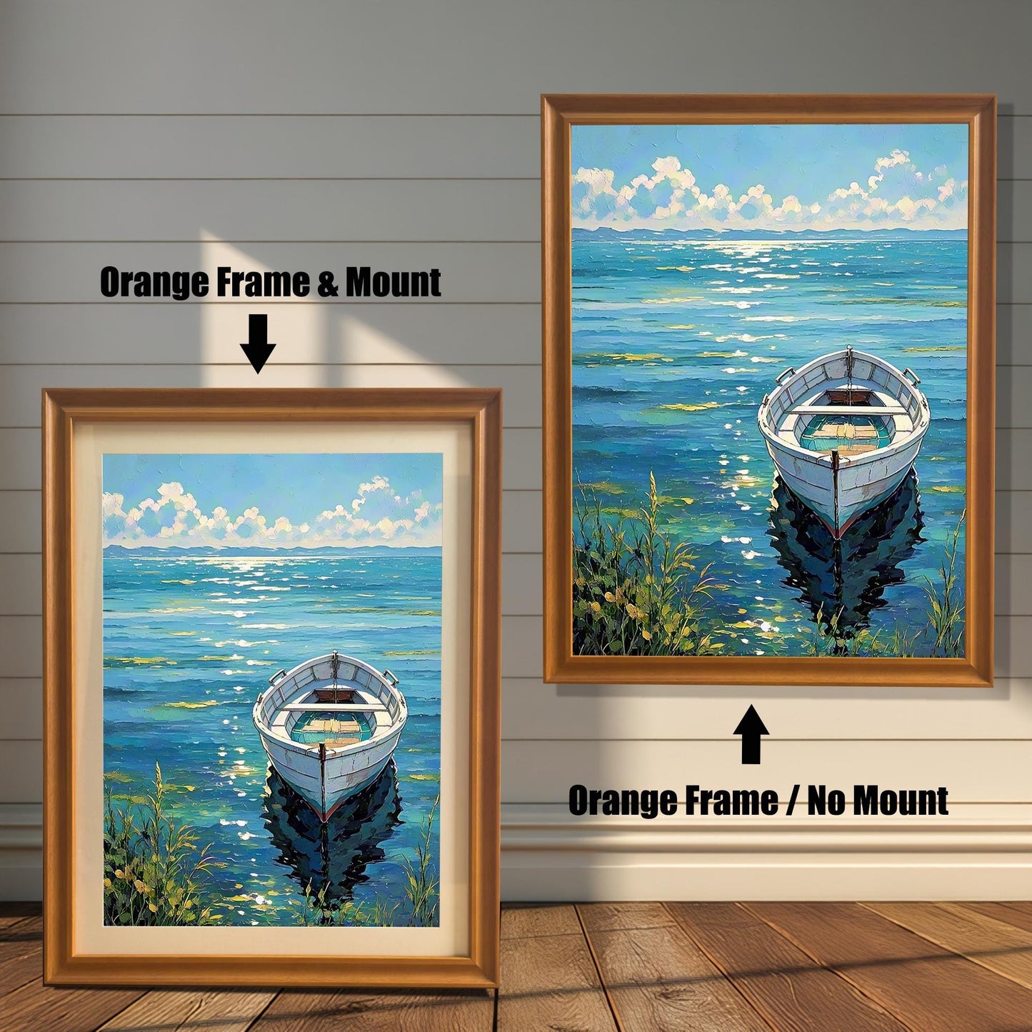 A side-by-side comparison of a framed boat painting: left with Orange Frame & Mount (mat), right with Orange Frame / No Mount.