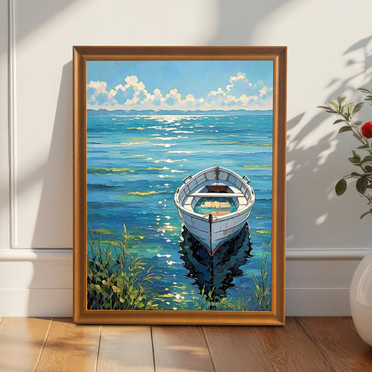 The boat art print in an Orange frame leaning against a white wall and baseboard, next to a potted plant, with sunlight streaming across the floor.