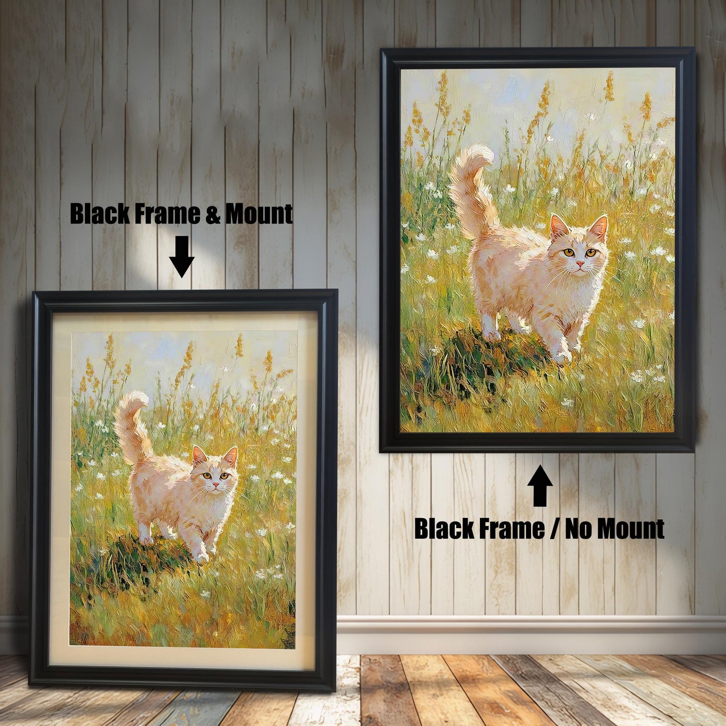 Side-by-side comparison of a cat painting print: left is a Black Frame & Mount (mat), right is a Black Frame / No Mount. The painting shows a fluffy orange and white cat in a sunny meadow.