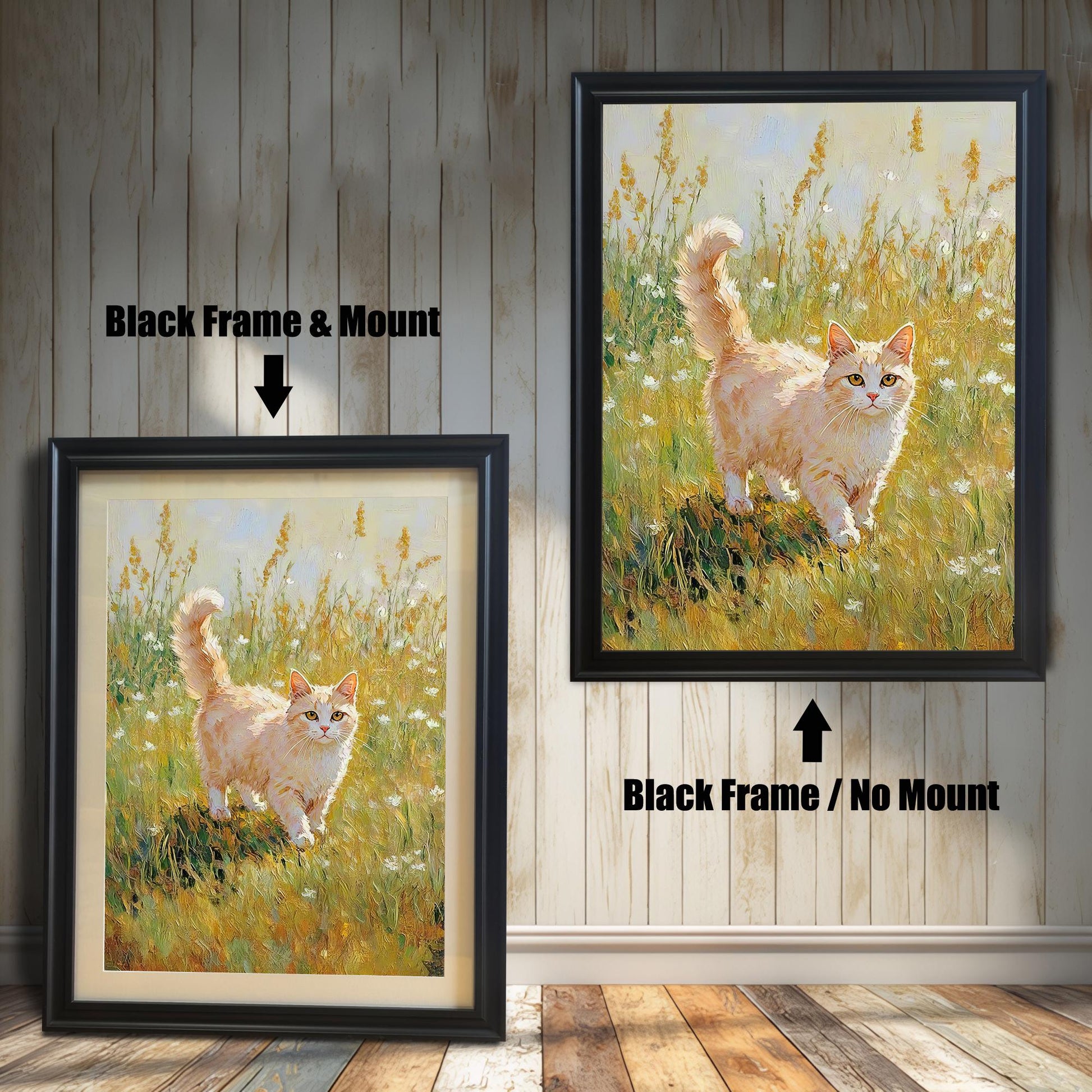 Side-by-side comparison of a cat painting print: left is a Black Frame & Mount (mat), right is a Black Frame / No Mount. The painting shows a fluffy orange and white cat in a sunny meadow.