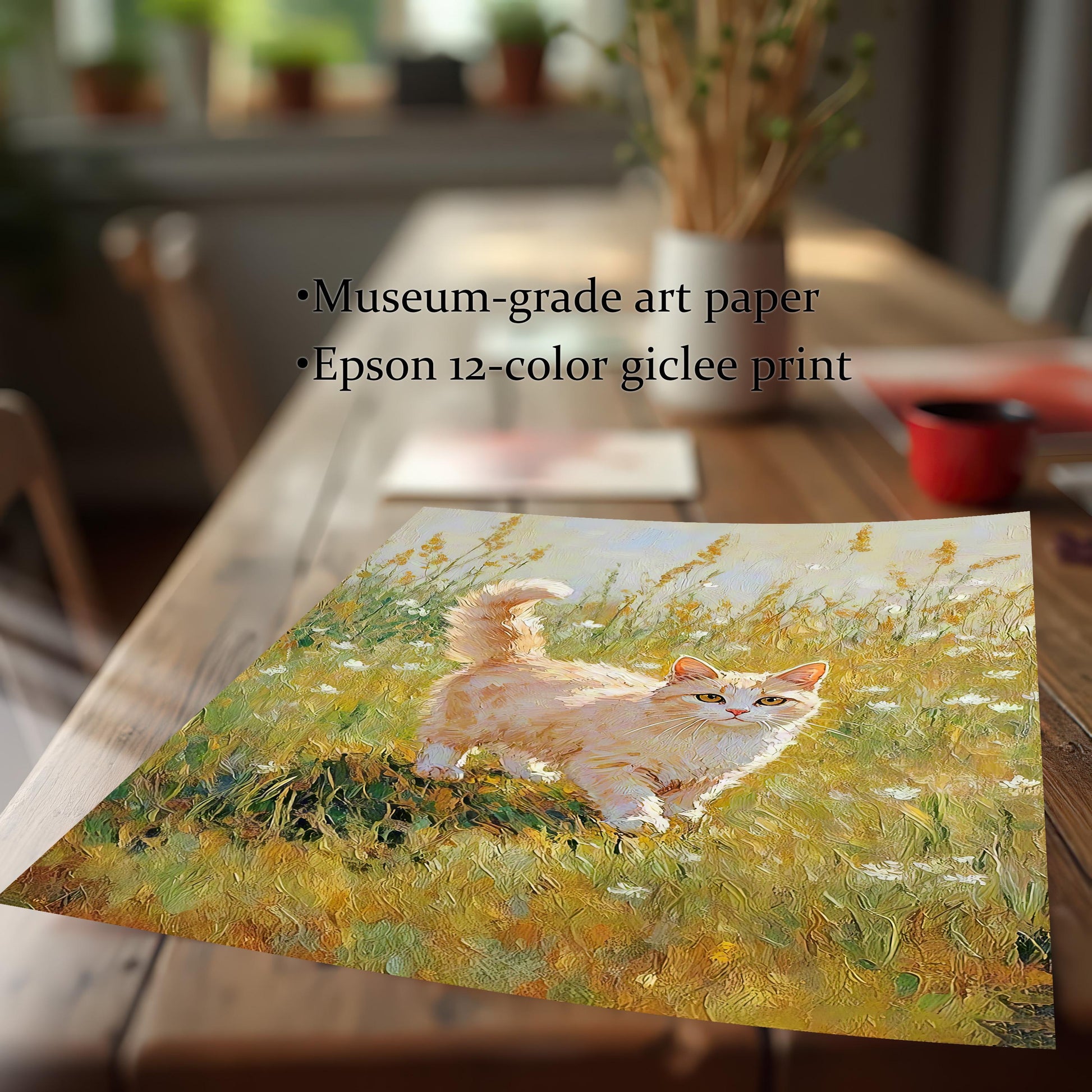 Close-up of the cat art print lying on a wooden table. Text on image highlights: ""Museum-grade art paper"" and ""Epson 12-color giclee print""