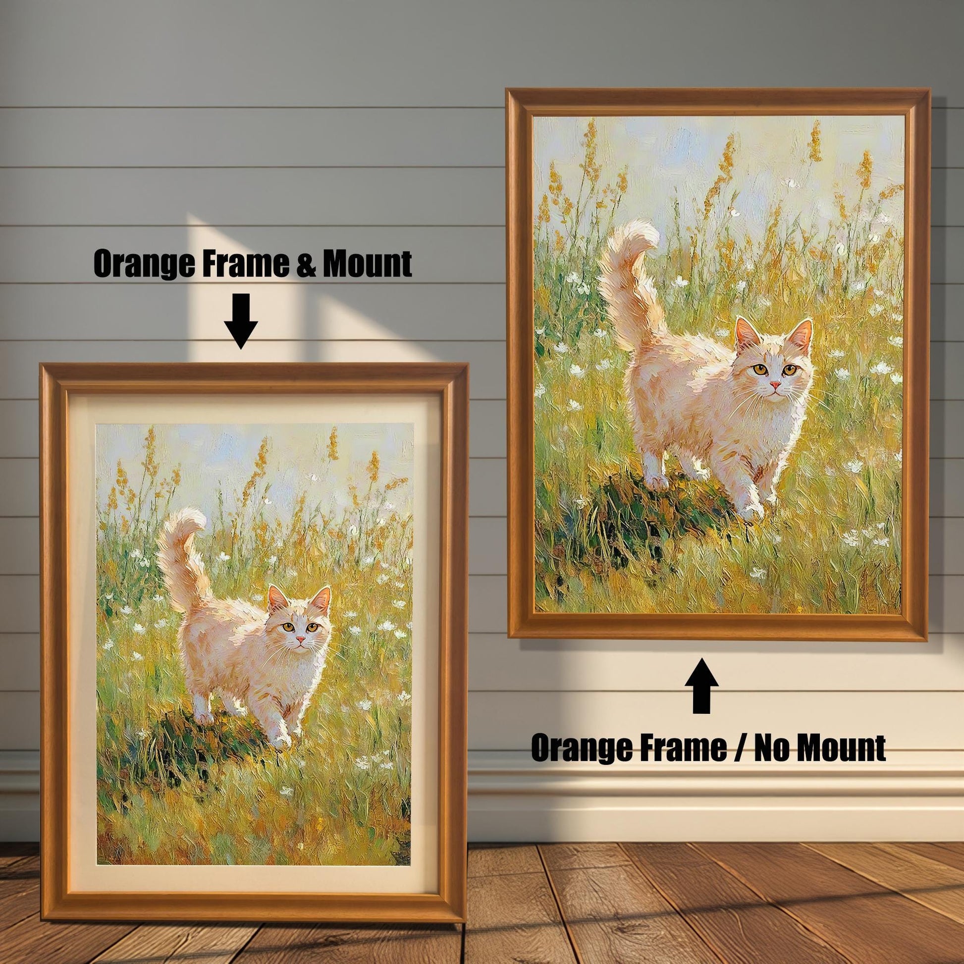 Side-by-side comparison of a cat painting print: left is an Orange Frame & Mount (mat), right is an Orange Frame / No Mount.