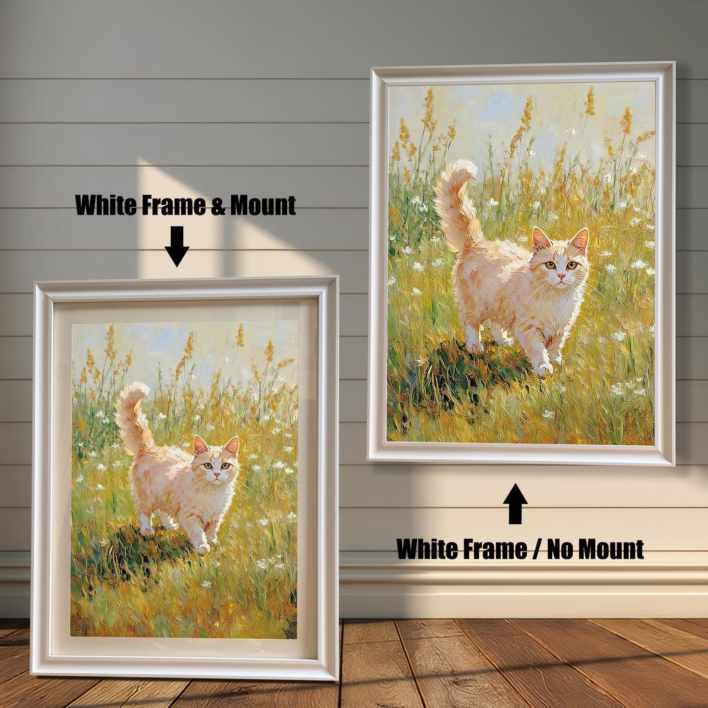 Side-by-side comparison of a cat painting print: left is a White Frame & Mount (mat), right is a White Frame / No Mount.