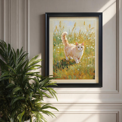 The fluffy Orange Cat oil painting print in a Black wood frame with a mat, hanging on a paneled wall. A large green houseplant is visible in the foreground.