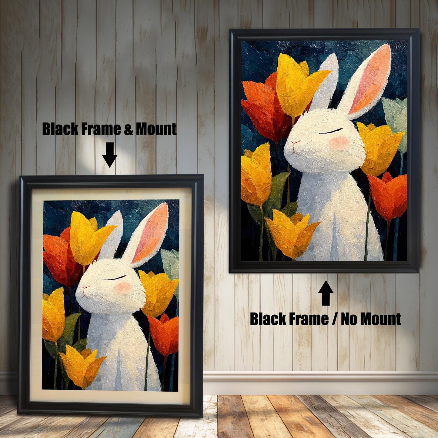White bunny art print framed in Black Frame / No Mount (right) and Black Frame & Mount (left), displayed against a rustic wood wall.