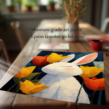 Close-up of the white bunny and tulip art print laying on a wood table, highlighting details and text: ""Museum-grade art paper"" and ""Epson 12-color giclee print"".