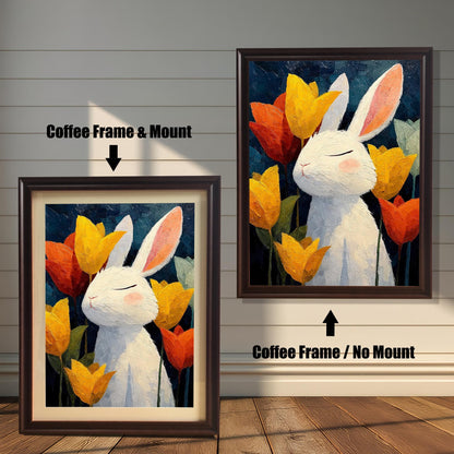 Comparison of white bunny art print framed in Coffee Frame / No Mount (right) and Coffee Frame & Mount (left).