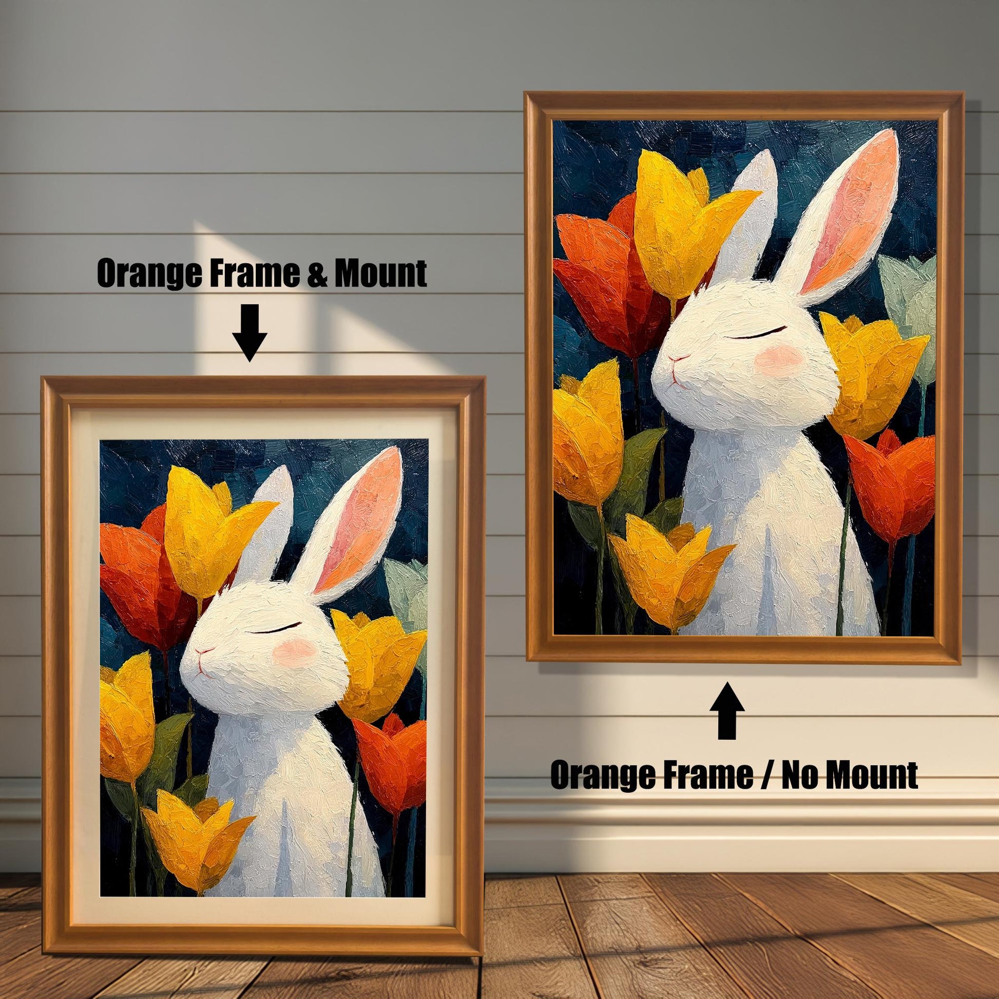 Comparison of white bunny art print framed in Orange Frame / No Mount (right) and Orange Frame & Mount (left).