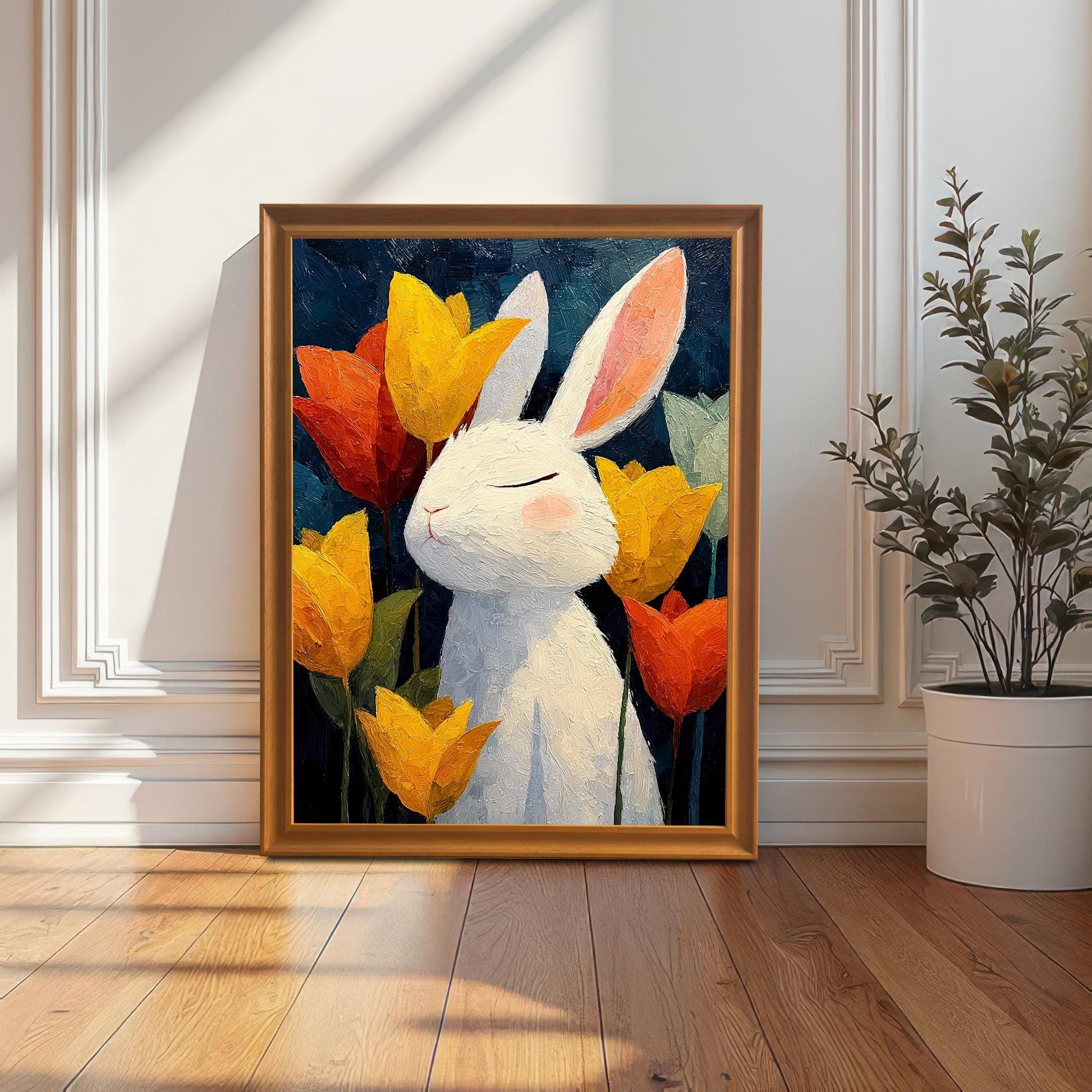 Orange framed art print of a white bunny with tulips, leaning on the floor against a white paneled wall next to a potted plant.