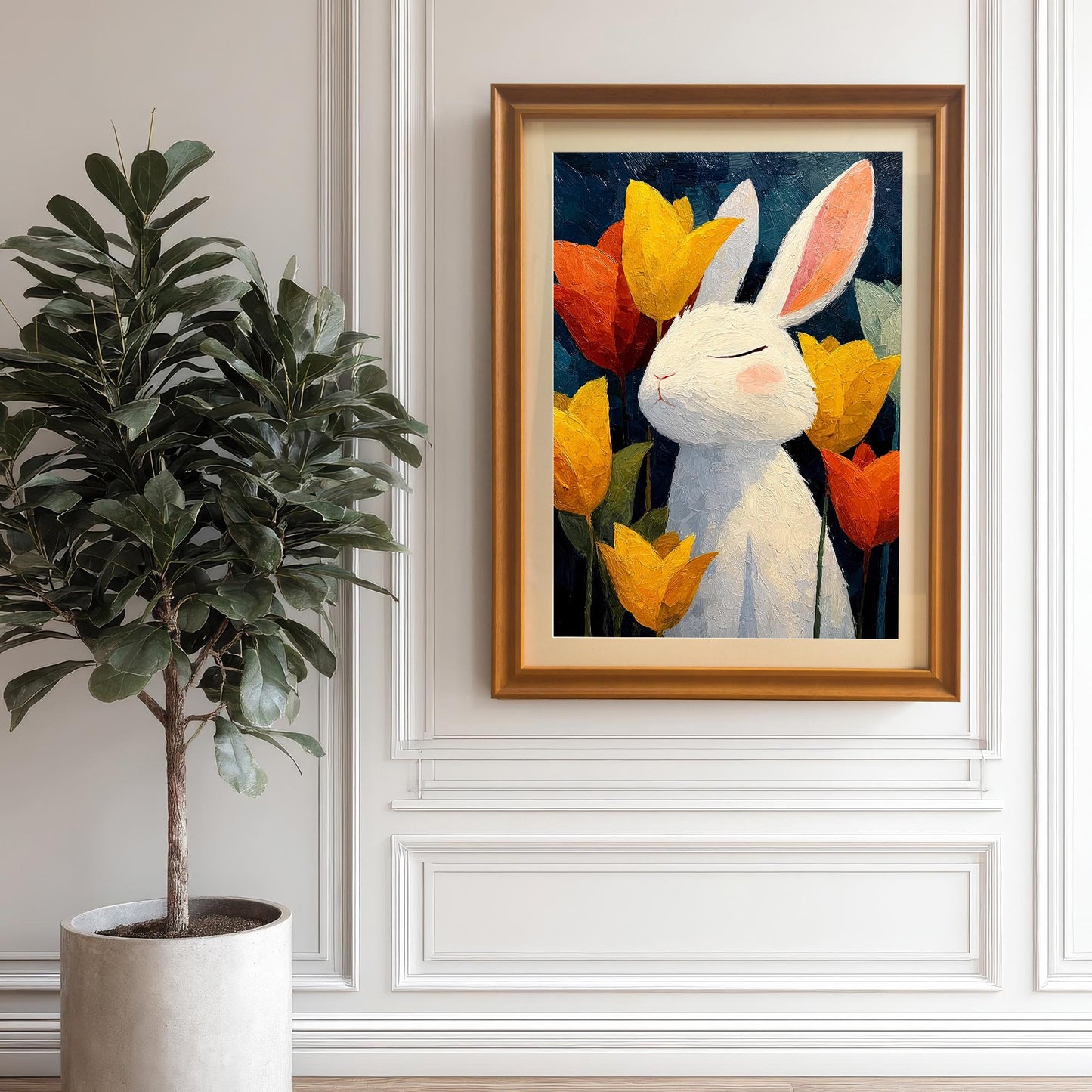 Orange framed art print of a white bunny with tulips, hanging on a white paneled wall in a room with a large potted fiddle-leaf fig tree.