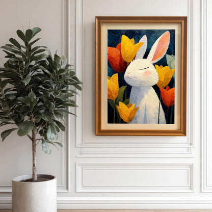 Orange framed art print of a white bunny with tulips, hanging on a white paneled wall in a room with a large potted fiddle-leaf fig tree.