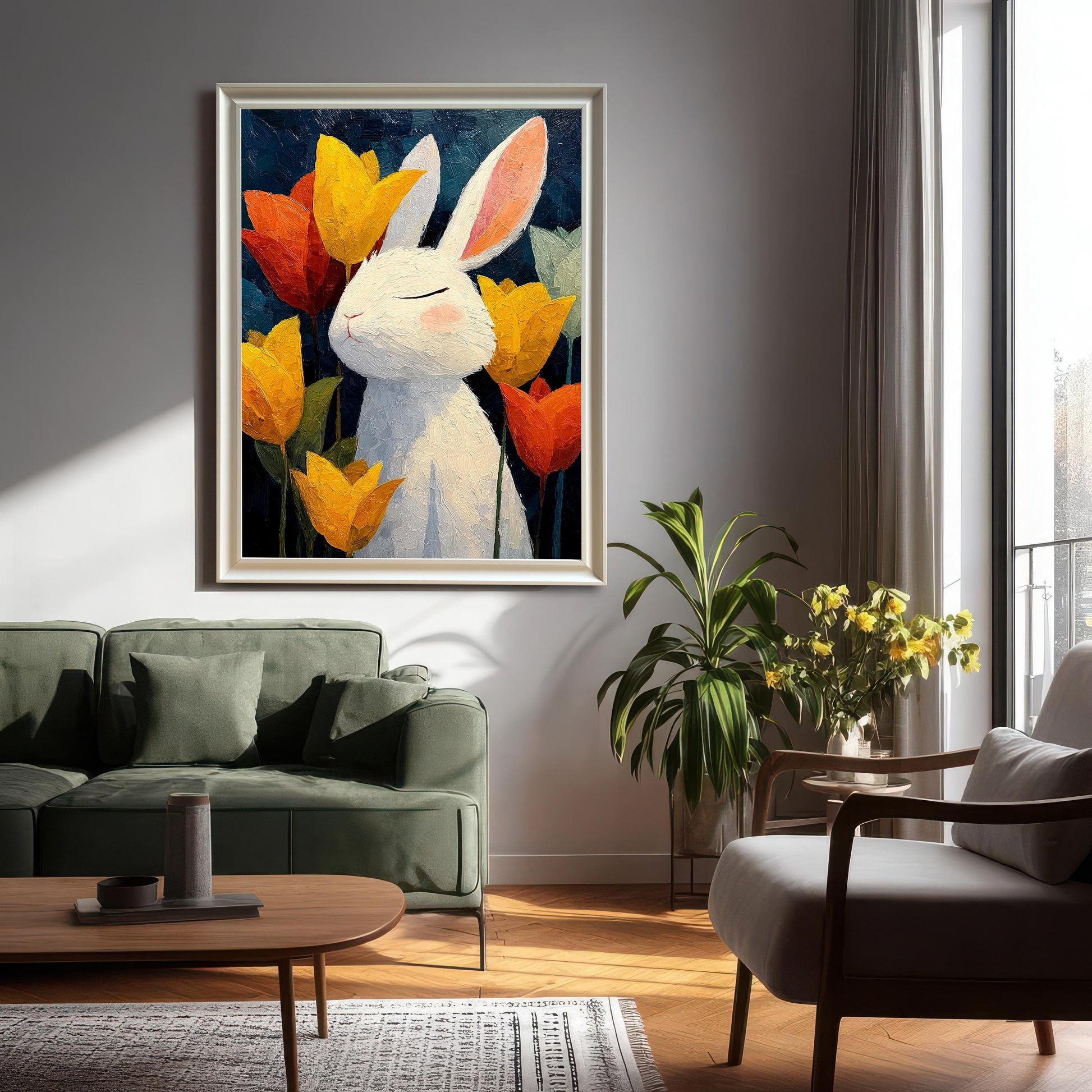 Large White framed art print of a white bunny among orange and yellow tulips, hanging on a gray wall above a green sofa in a modern living room.