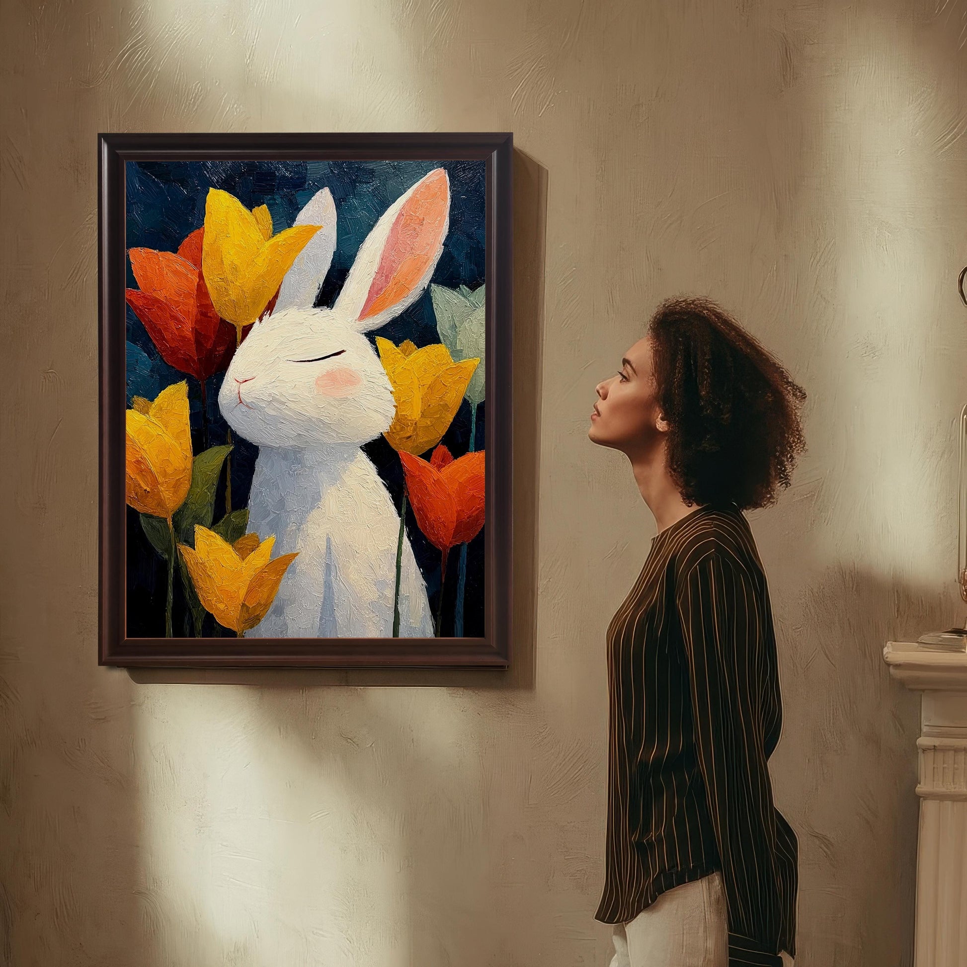 "Woman standing next to a framed white bunny and tulip art print hanging on a textured wall, looking up at the artwork.