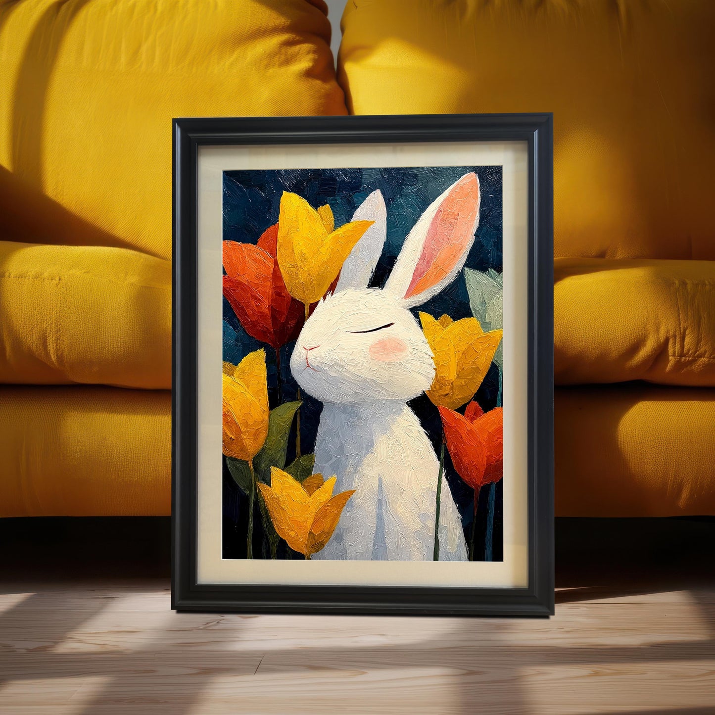 Black framed art print of a white bunny among orange and yellow tulips, leaning on the floor against a bright yellow couch.