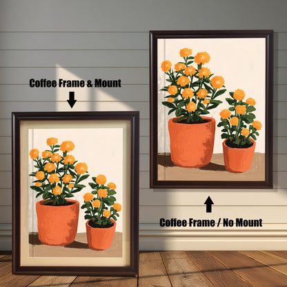 Comparison of orange potted flower art print framed in Coffee Frame & Mount (left) and Coffee Frame / No Mount (right).