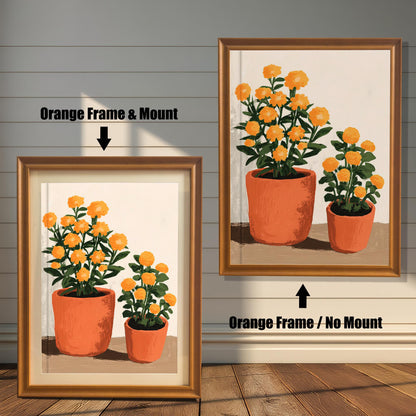 Comparison of orange potted flower art print framed in Orange Frame & Mount (left) and Orange Frame / No Mount (right).