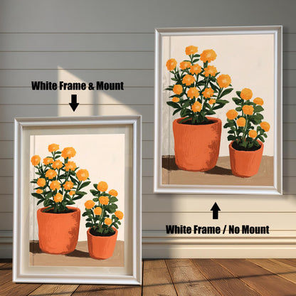 Comparison of orange potted flower art print framed in White Frame & Mount (left) and White Frame / No Mount (right).
