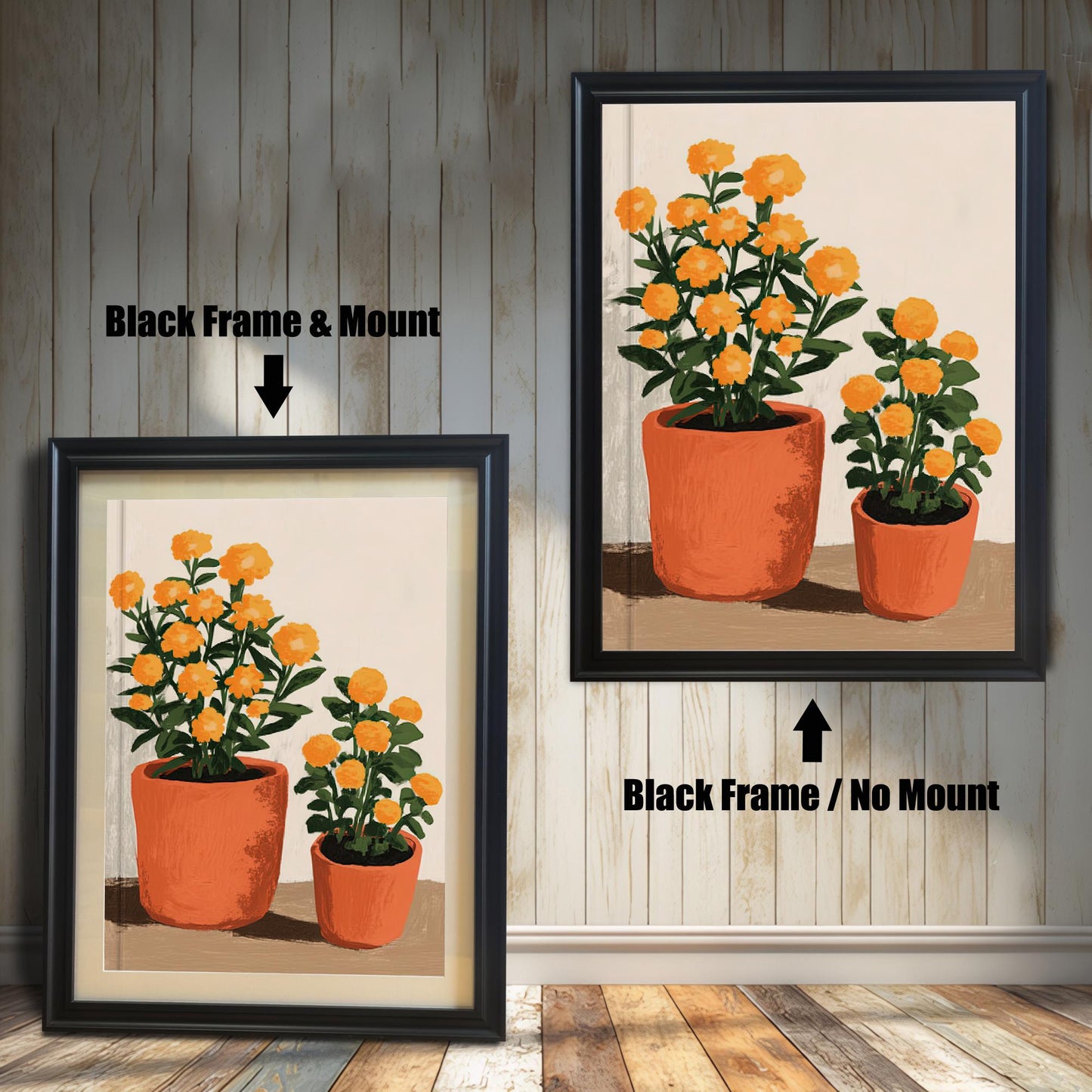 Black framed print of orange potted flowers shown in Black Frame & Mount (left) and Black Frame / No Mount (right) against a rustic wood wall.