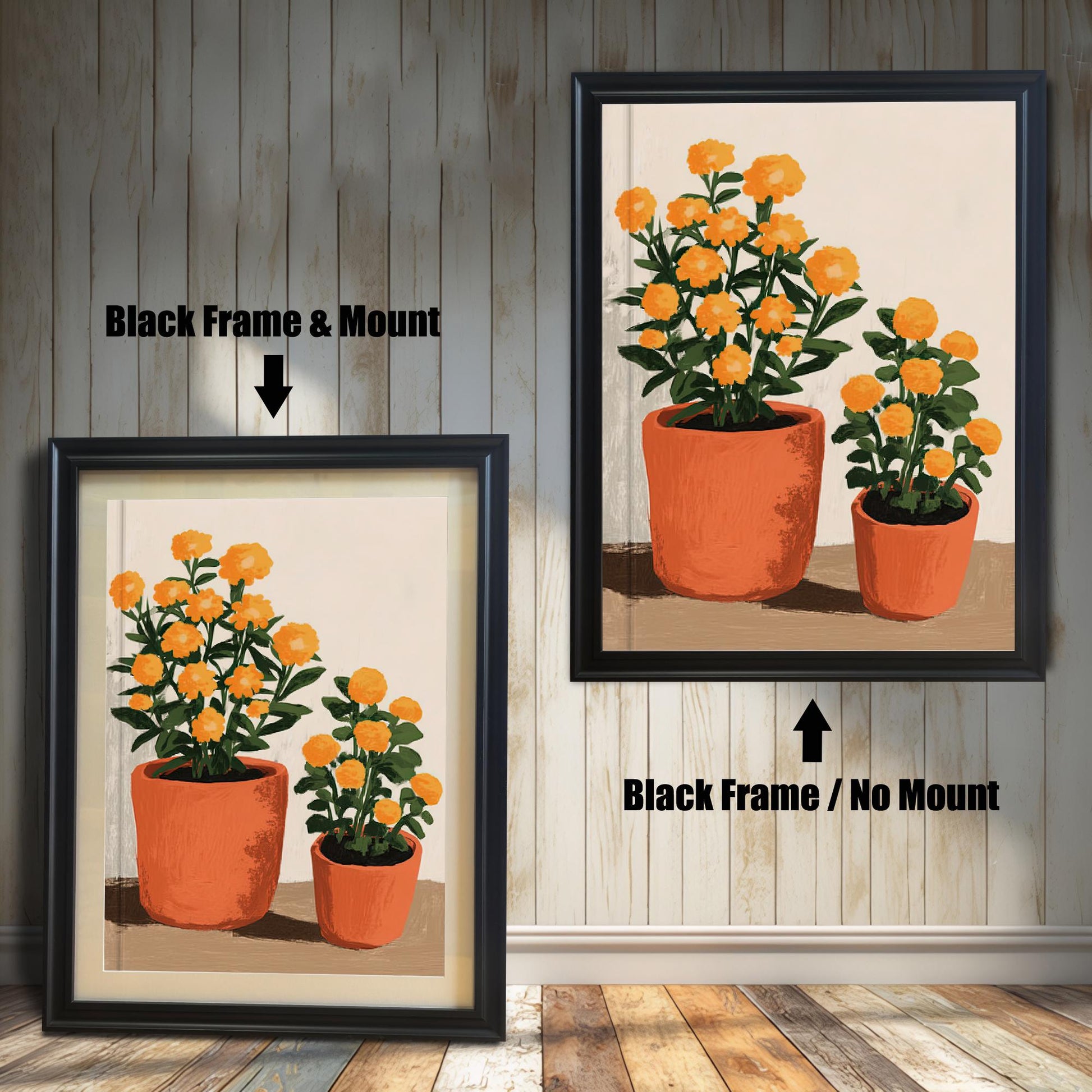 Black framed print of orange potted flowers shown in Black Frame & Mount (left) and Black Frame / No Mount (right) against a rustic wood wall.