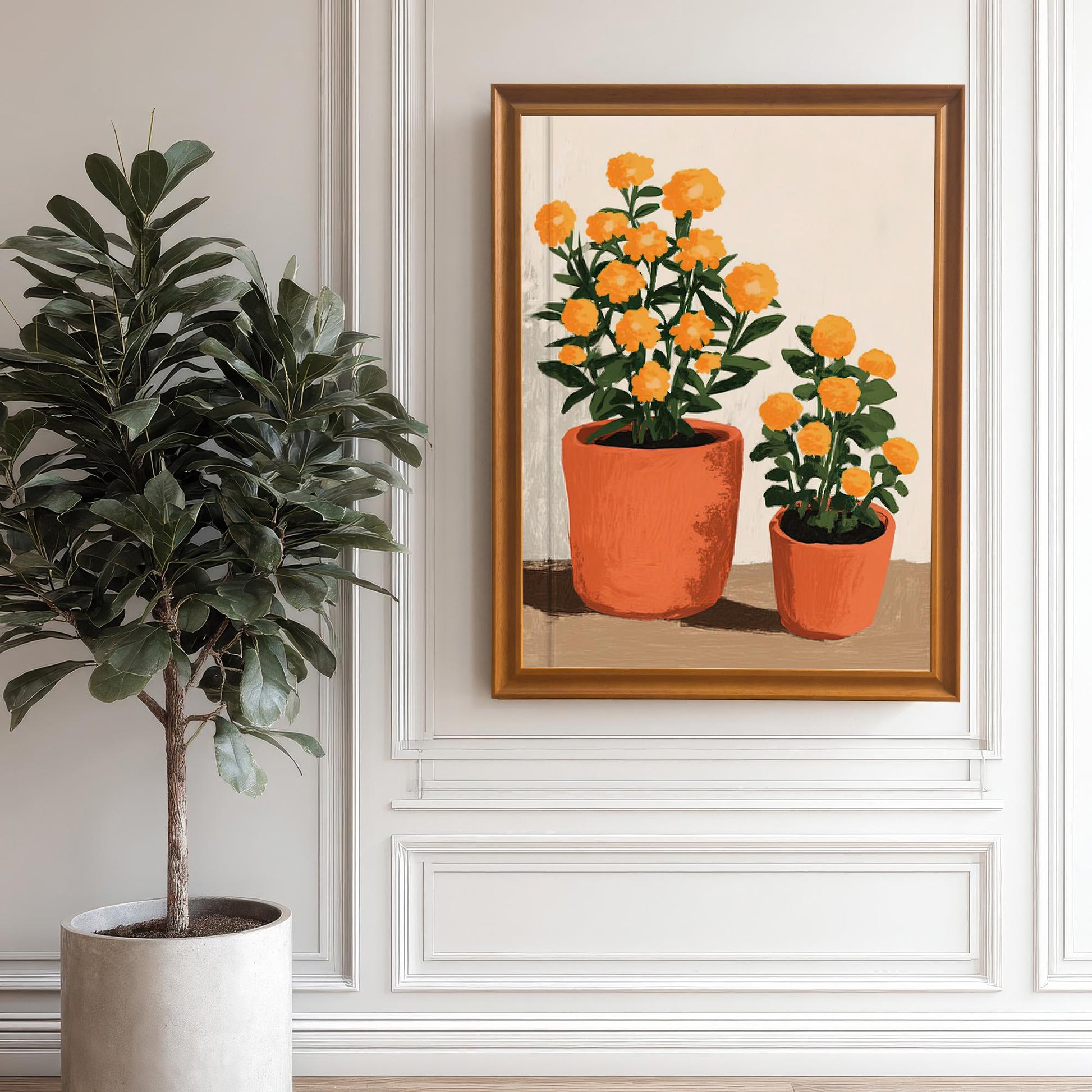 Orange framed art print of two orange potted flowers, hanging on a white paneled wall next to a large potted plant.