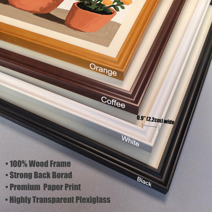 Close-up of four frame corner samples: Orange, Coffee, White, and Black, showing the 0.9"" (2.2cm) width and listing features: 100% Wood Frame, Strong Back Board, Premium Paper Print, Highly Transparent Plexiglass.