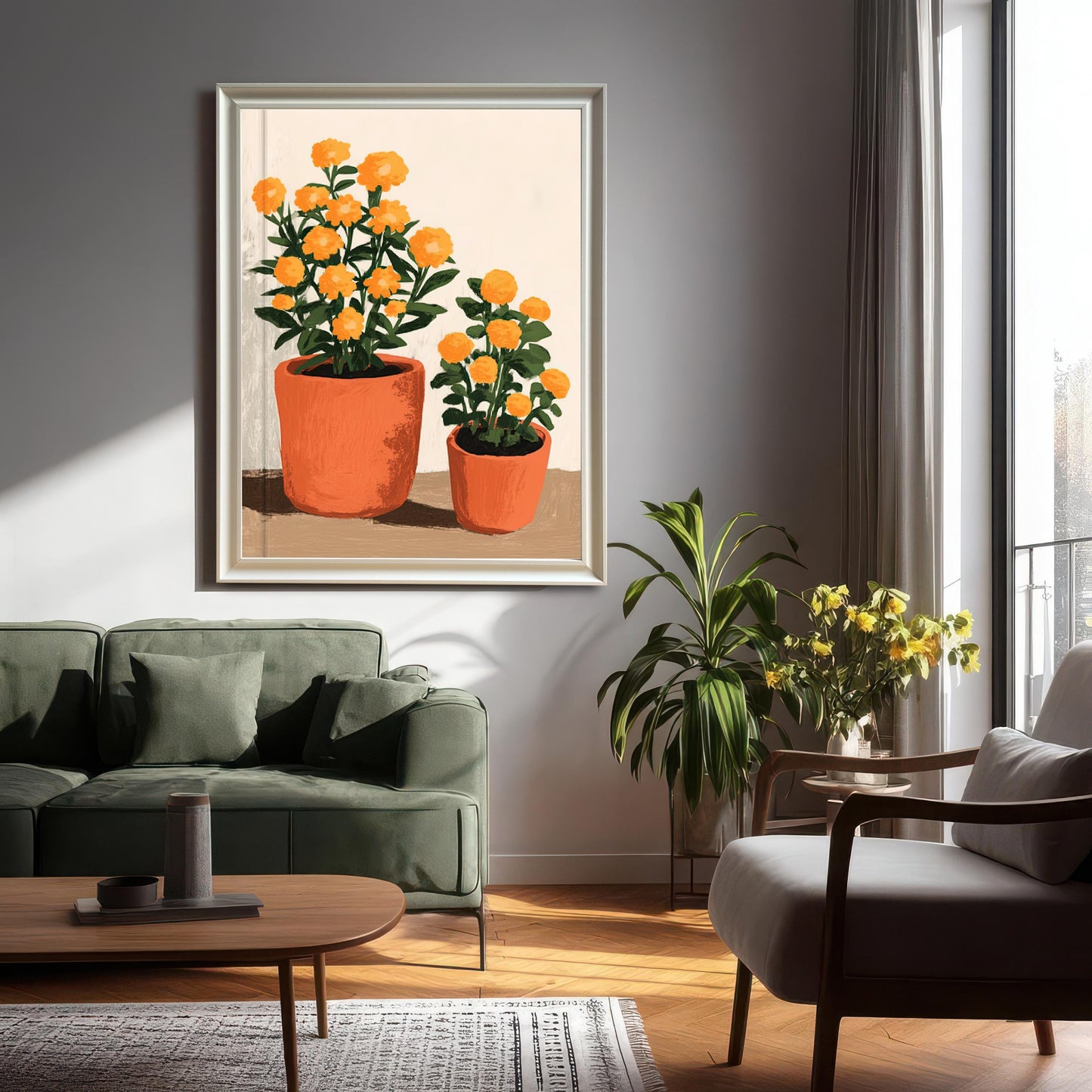 Large White framed art print of two orange potted flowers, hanging on a gray wall above a green sofa in a sunlit, modern living room