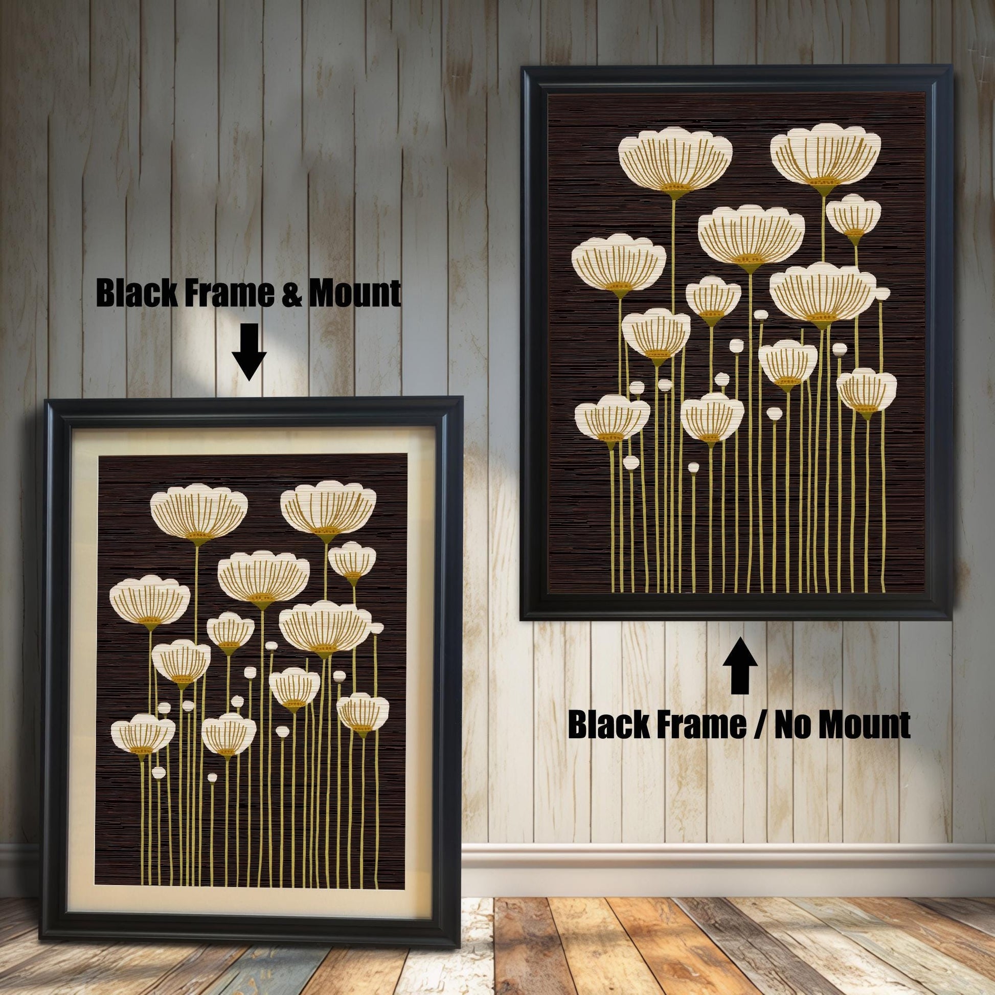 Abstract white and gold flower art print shown in Black Frame & Mount (left) and Black Frame / No Mount (right) against a rustic wood wall.