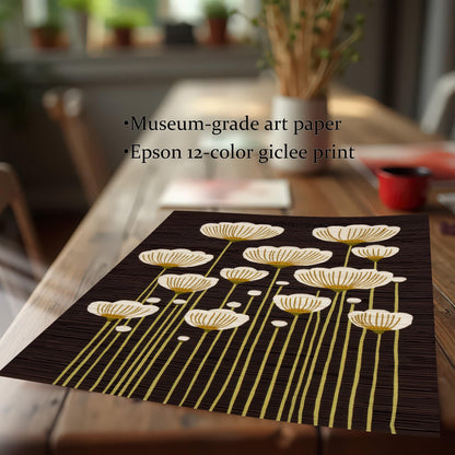 Close-up of the abstract white and gold flower art print laying on a wood table, highlighting details and text: ""Museum-grade art paper"" and ""Epson 12-color giclee print"".