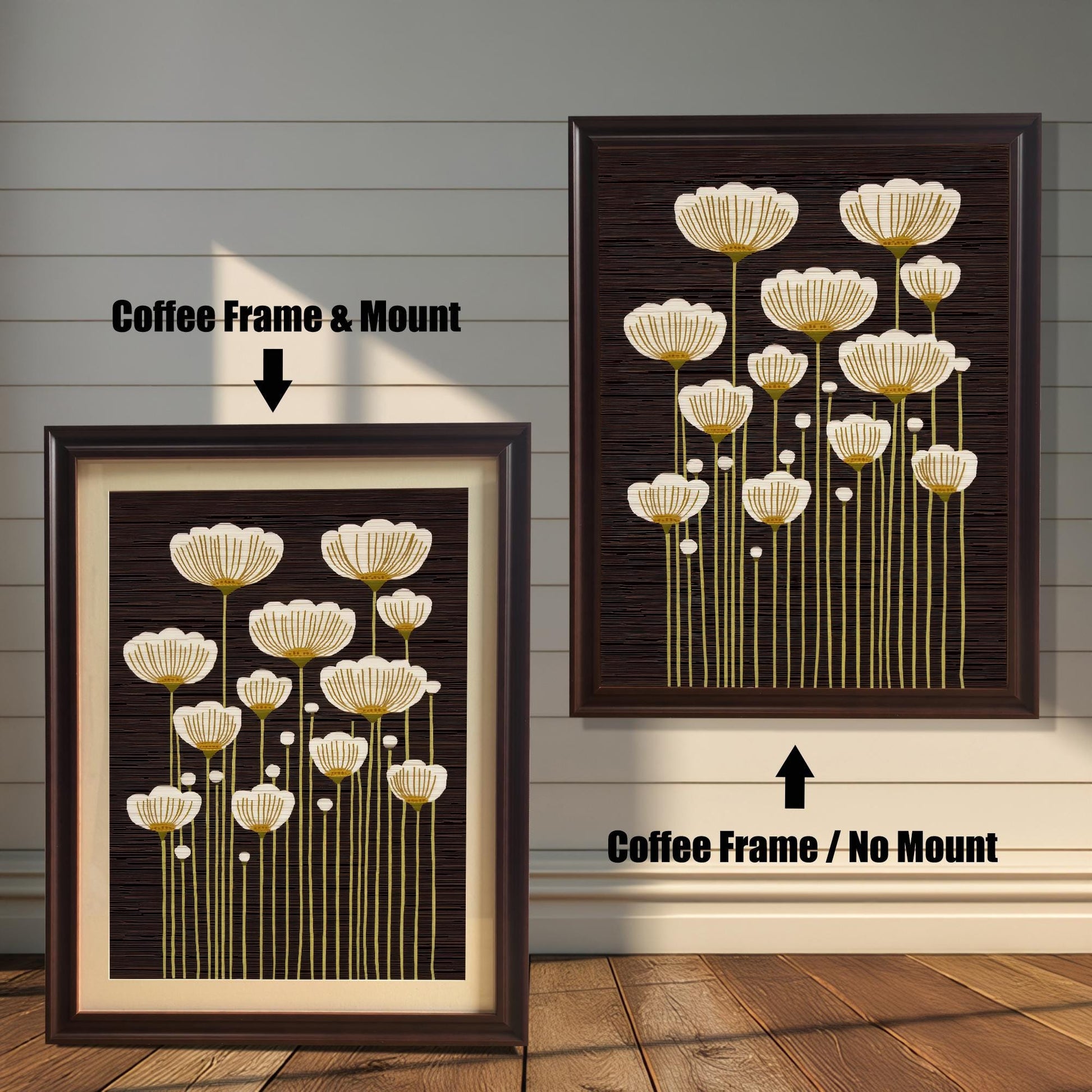 Comparison of abstract white and gold flower art print framed in Coffee Frame & Mount (left) and Coffee Frame / No Mount (right).