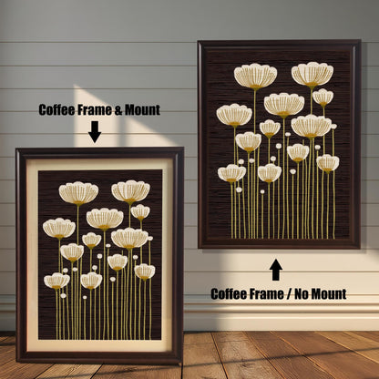 Comparison of abstract white and gold flower art print framed in Coffee Frame & Mount (left) and Coffee Frame / No Mount (right).