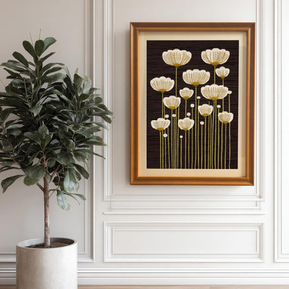 Orange framed art print of abstract white and gold flowers, hanging on a white paneled wall next to a large potted plant.