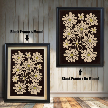 Retro daisy flower art print shown framed in Black Frame & Mount (left) and Black Frame / No Mount (right) against a rustic wood wall.