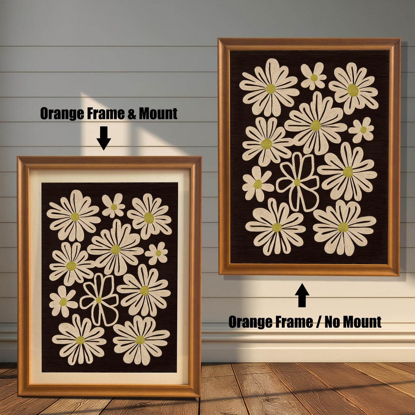 Comparison of retro daisy art print framed in Orange Frame & Mount (left) and Orange Frame / No Mount (right).