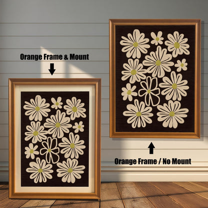 Comparison of retro daisy art print framed in Orange Frame & Mount (left) and Orange Frame / No Mount (right).